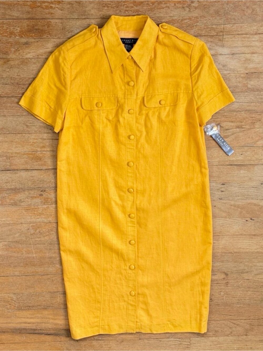 Vintage Yellow Linen Blend Shirt Dress Size Small 90s Short Sleeve Collared  Wov